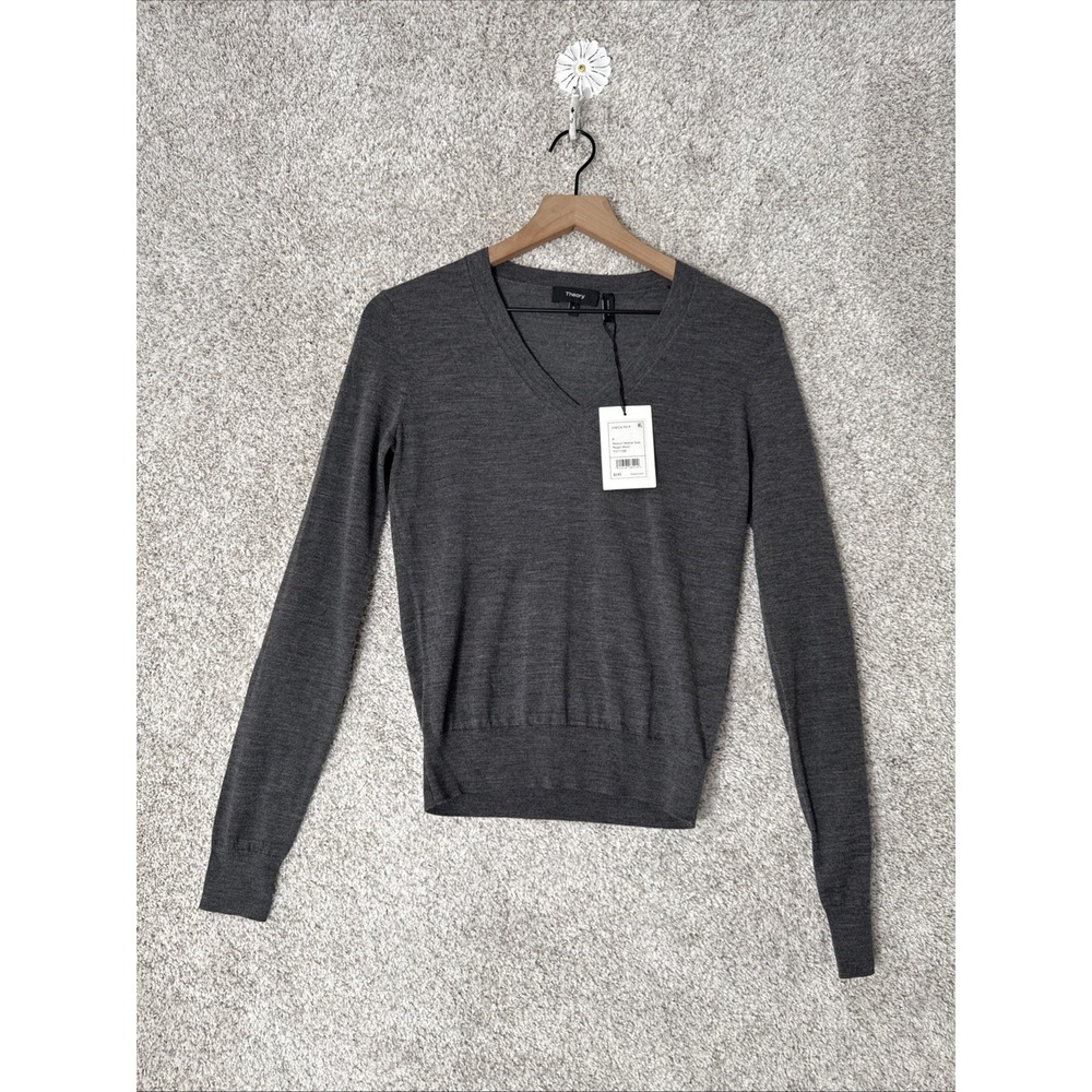 NWT THEORY Women's V-Neck Sweater SP Dark Gray Regal Long Sleeve